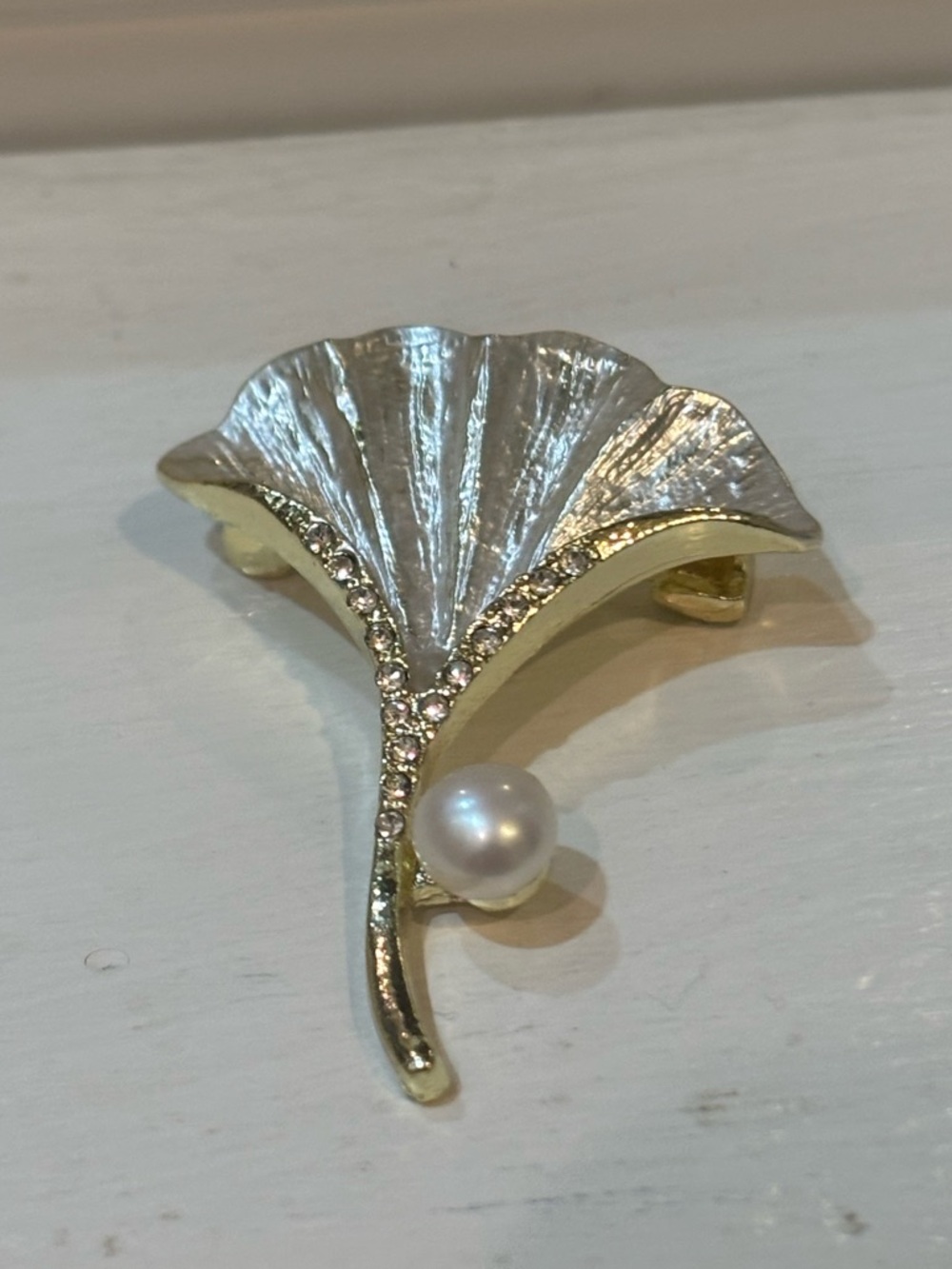 Gold and Silver Ginkgo Leaf Brooch with Pearl Accent